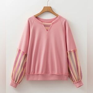 NWT Women’s Striped Mesh Sleeve Patchwork Exposed Seam Top Sweatshirt Medium